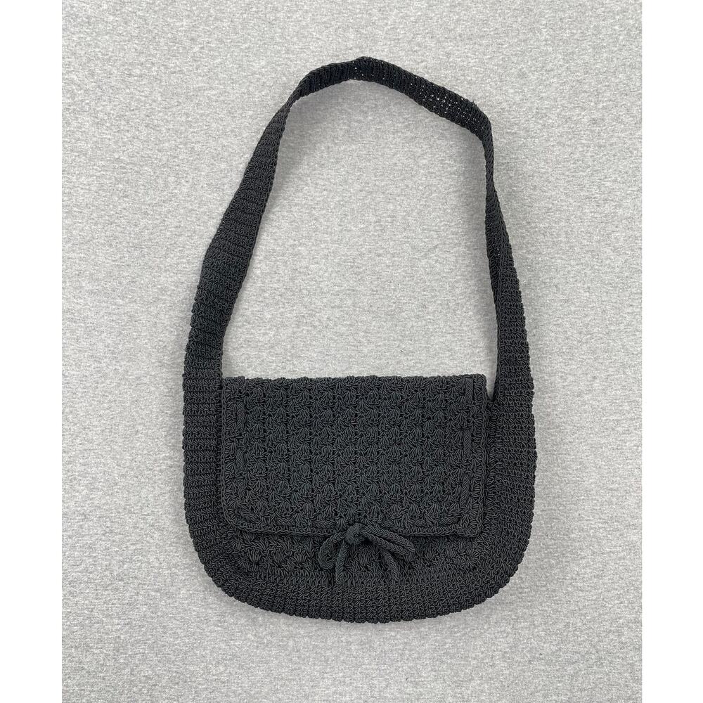 Vintage Crochet Knit Woven Shoulder Bag Purse Black w/ Bow Coquette Preppy Y2K